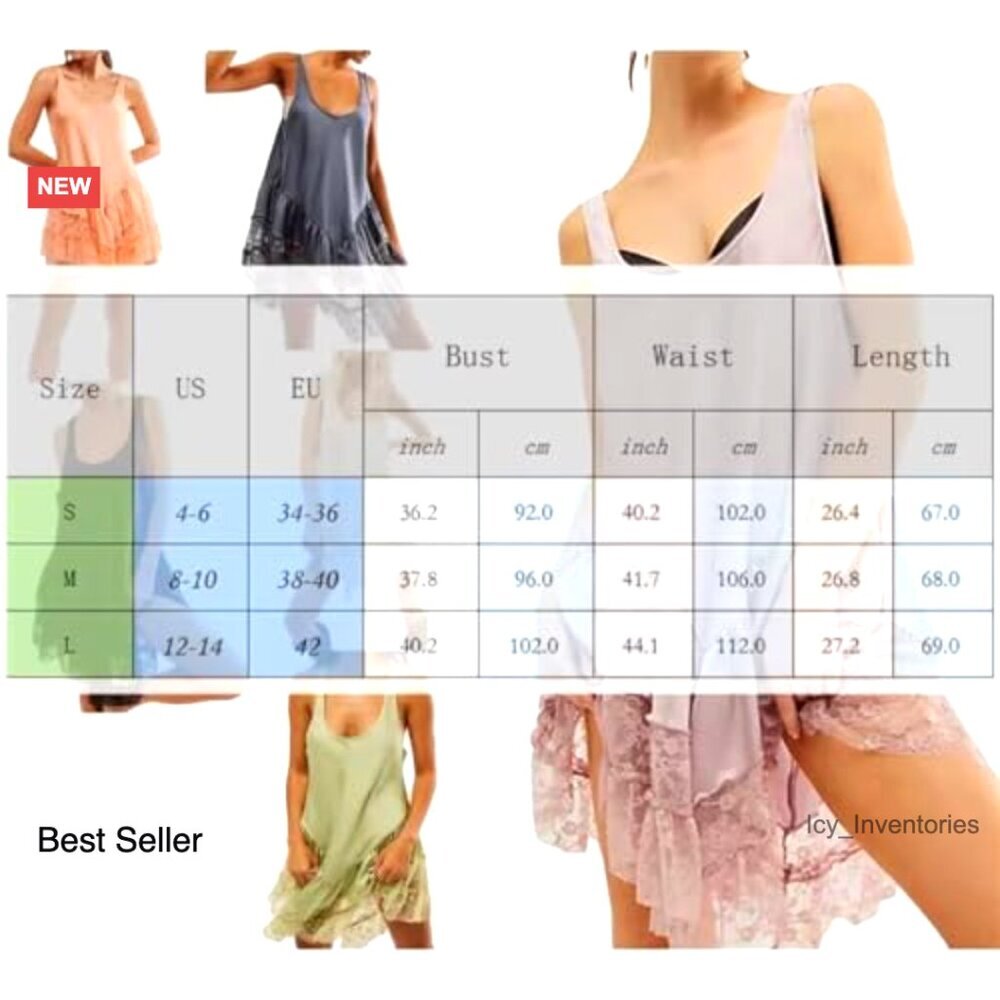 Satin Lace Mini Slip Dress Tiered Drop Waist Babydoll Sleeveless Flowy - Picture 7 of 7